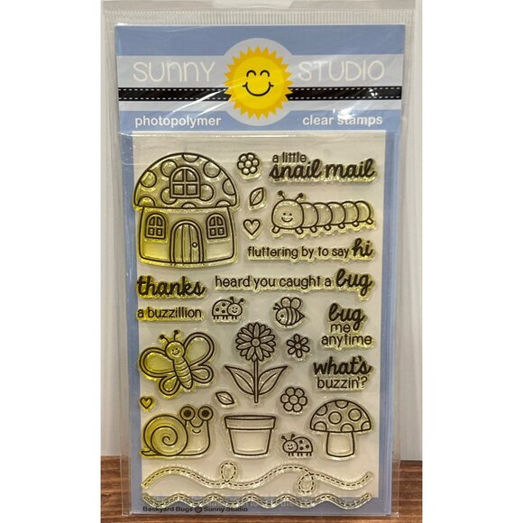Sunny Studio Clear Stamp set SSCL-120 Backyard Bugs butterfly mushroom snail - Picture 1 of 3